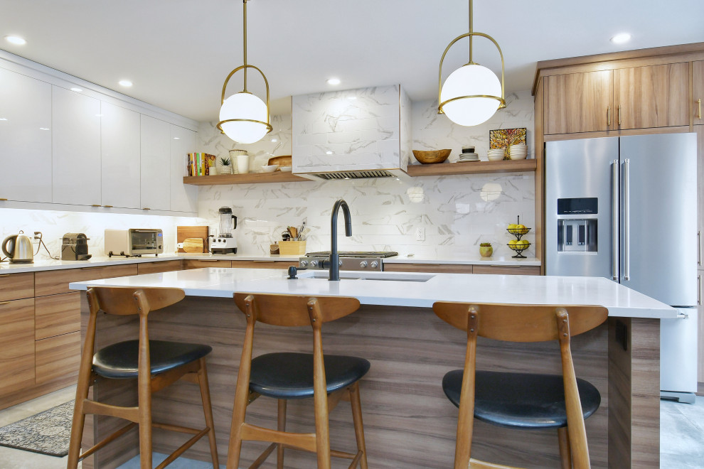 Mid-sized scandinavian l-shaped eat-in kitchen in Toronto with an undermount sink, flat-panel cabinets, medium wood cabinets, quartz benchtops, multi-coloured splashback, porcelain splashback, stainless steel appliances, porcelain floors, with island, grey floor and yellow benchtop.
