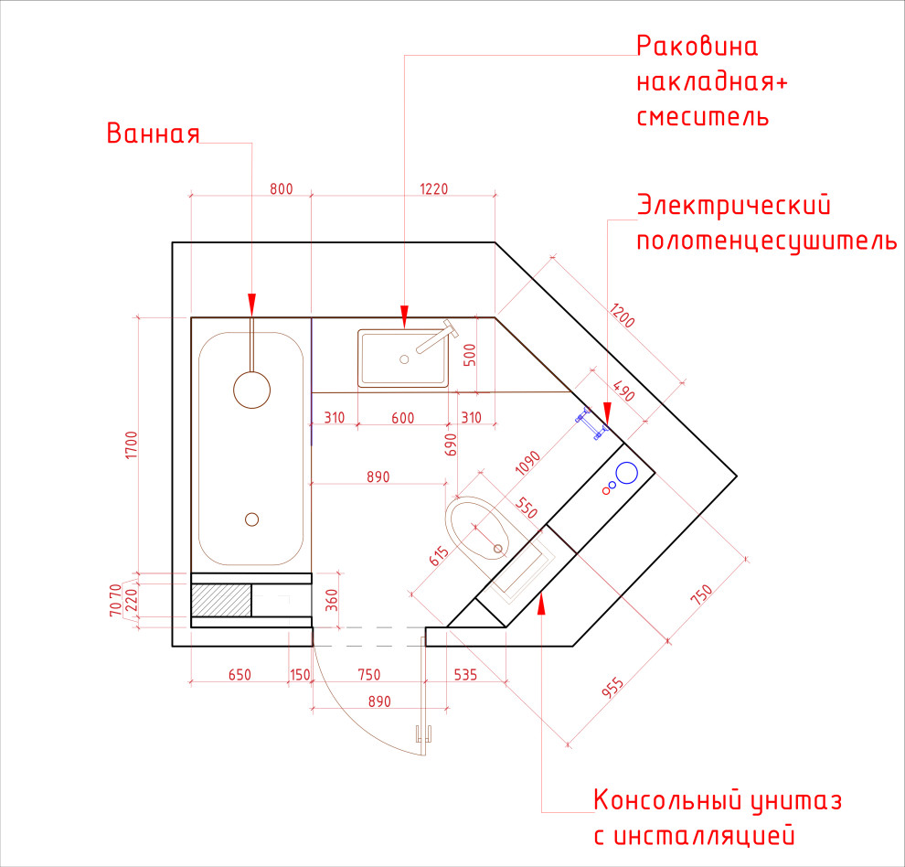 Проект ванной 6 м. кв