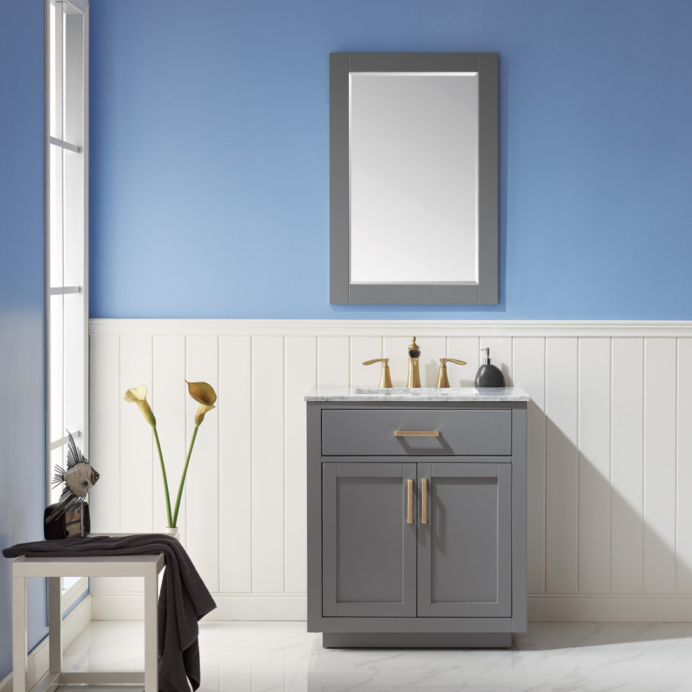 Esempio di una piccola stanza da bagno contemporanea con top in marmo, un lavabo e mobile bagno freestanding