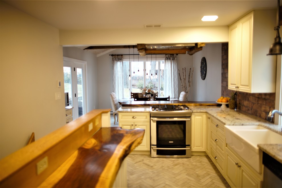 Eat-in kitchen - mid-sized rustic galley ceramic tile and white floor eat-in kitchen idea in DC Metro with white cabinets, wood countertops, stainless steel appliances and two islands