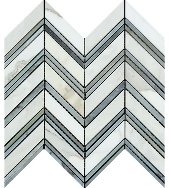 Calacatta Gold Marble Honed Large Chevron Mosaic Tile w / Blue Gray Strips