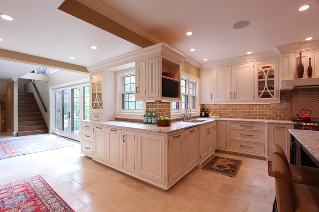 White Glazed Cabinets Wrap Around Corner With Built In Tv And