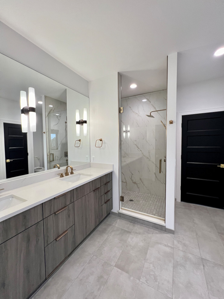 Inspiration for a mid-sized contemporary 3/4 ceramic tile, beige floor and double-sink corner shower remodel in Detroit with flat-panel cabinets, a one-piece toilet, an undermount sink, quartz countertops, a hinged shower door and a freestanding vanity