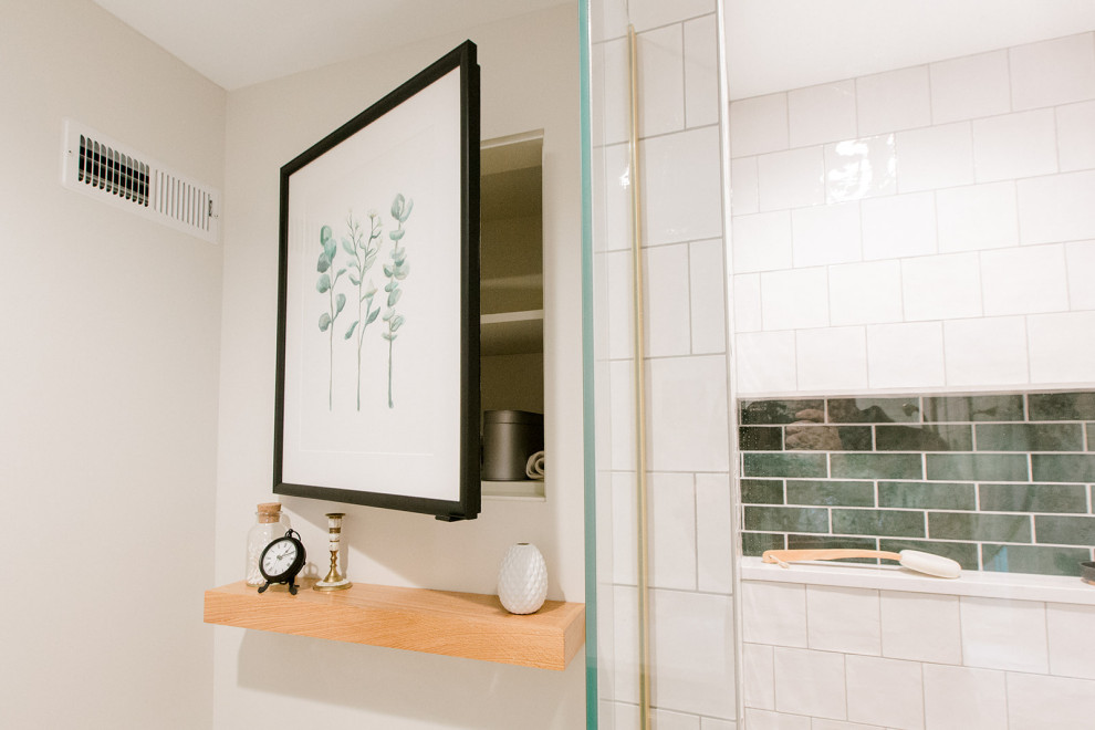 Alcove bathtub - mid-sized transitional master white tile and porcelain tile porcelain tile and white floor alcove bathtub idea with shaker cabinets, green cabinets, gray walls, an undermount sink, quartz countertops, a hinged shower door and white countertops