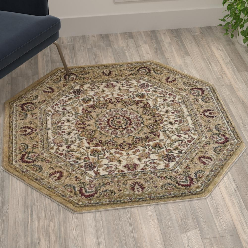Mersin Collection Persian Style 4x4 Ivory Octagon Area RugOlefin Rug with... Traditional