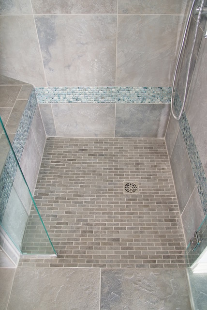 bathroom - shower in cool blue tile - Traditional - Bathroom ...