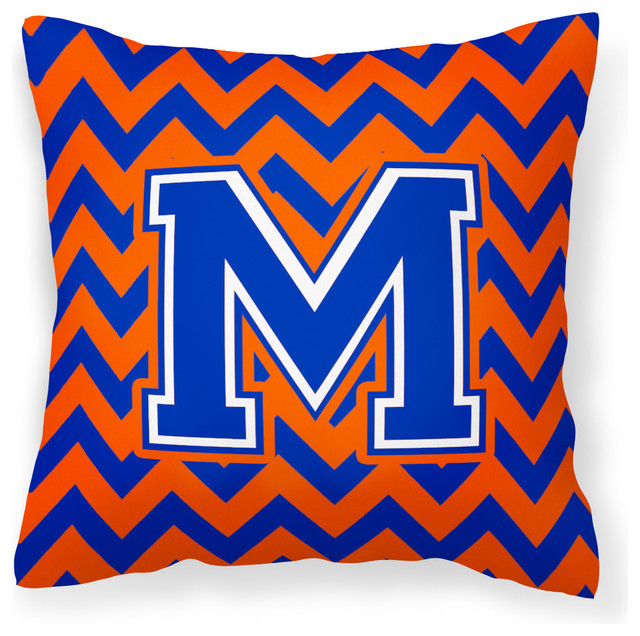 Letter M Chevron Orange and Blue Fabric Decorative Pillow