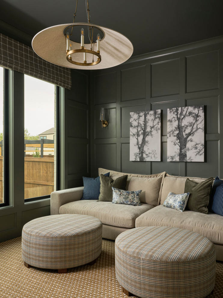 Inspiration for a transitional home theater remodel in Dallas