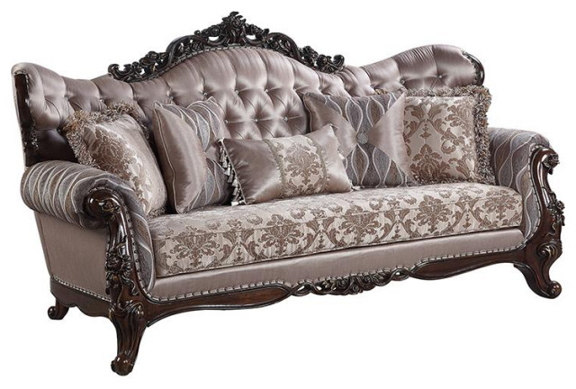 ACME Benbek Sofa with 5 Pillows in Taupe and Antique Oak - Victorian ...