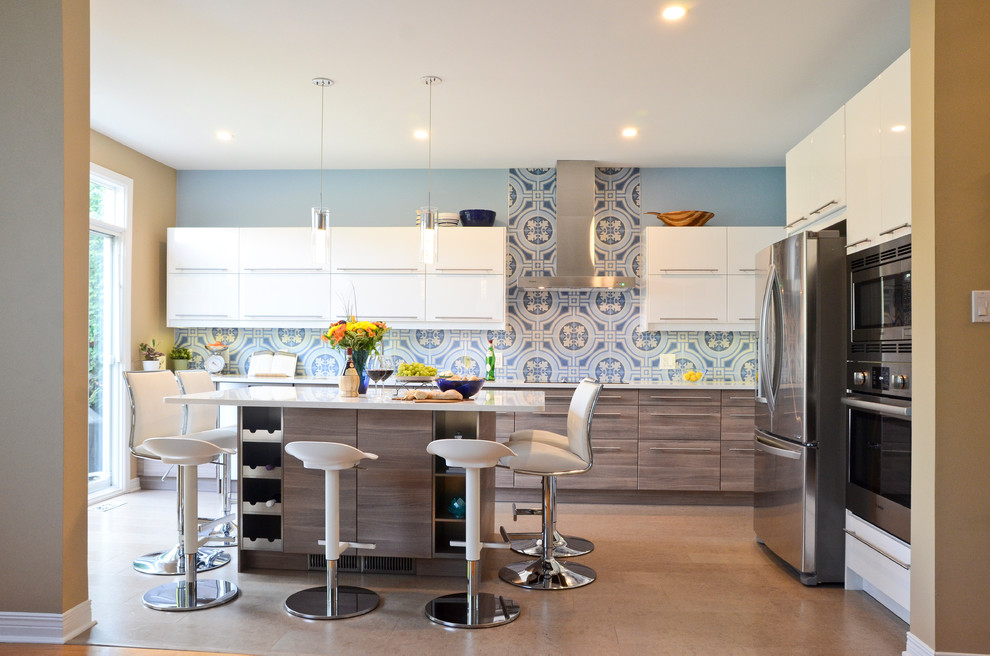 Example of a mid-sized minimalist single-wall cork floor eat-in kitchen design in Ottawa with an undermount sink, flat-panel cabinets, white cabinets, quartzite countertops, blue backsplash, porcelain backsplash, stainless steel appliances and an island