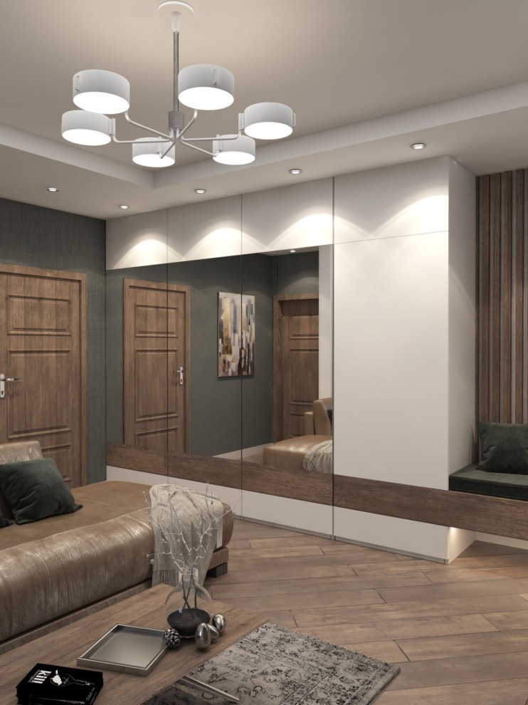 Двухкомнатная квартира со стеклом между гостиной и спальней