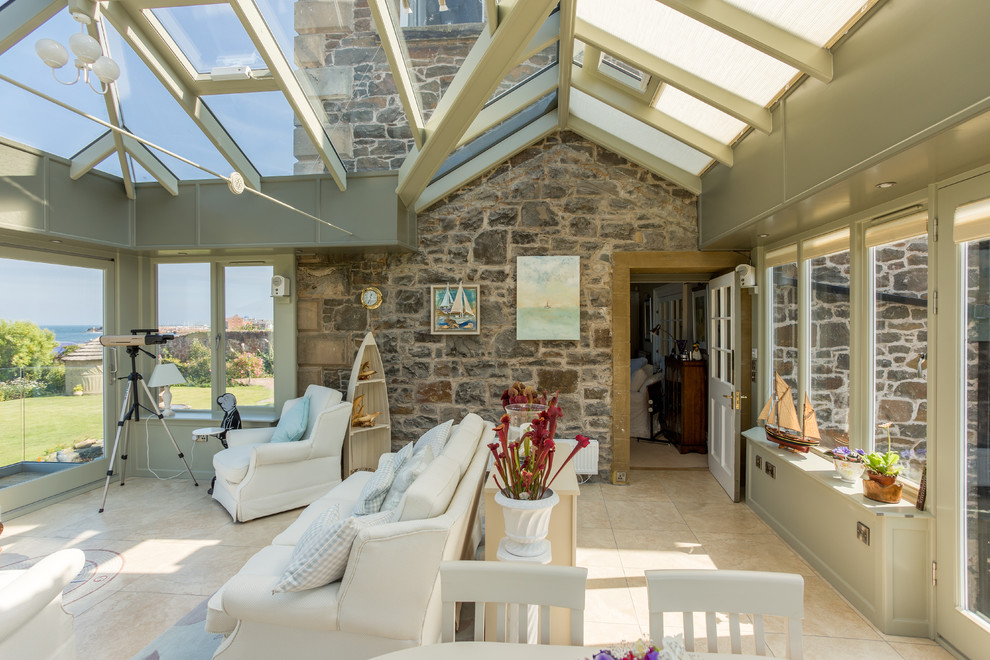 This is an example of a mid-sized beach style sunroom in Other with ceramic floors, a glass ceiling and beige floor.