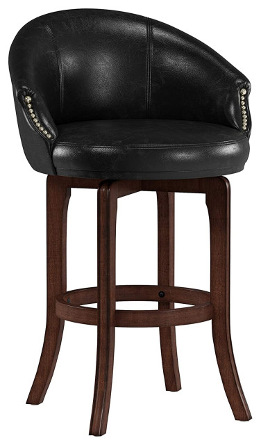 Set of 2 Kent Comfort Saddle 29"H Bar Stools Chairs Black PU Leather Wooden Legs 
