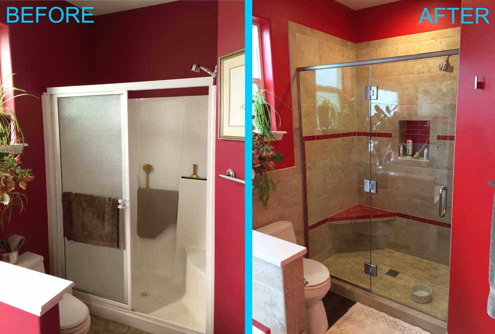 Example of a transitional beige tile and porcelain tile bathroom design