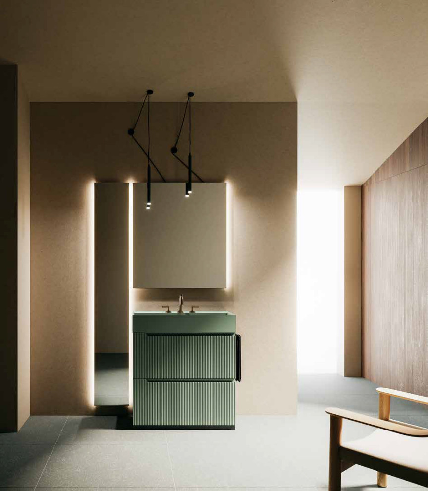 Пример оригинального дизайна: ванная комната среднего размера в стиле модернизм с зелеными фасадами, душевой кабиной, монолитной раковиной, зеленой столешницей, тумбой под одну раковину и напольной тумбой