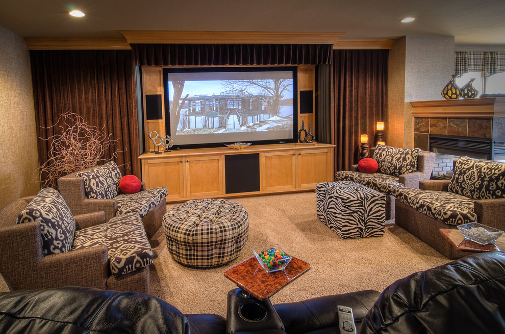 Design ideas for a large eclectic enclosed home theatre in Minneapolis with beige walls, carpet, a projector screen and beige floor.