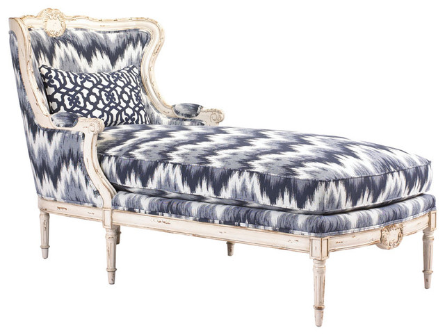 Bayonne French Country Blue White Zig Zag Upholstered Chaise Lounge