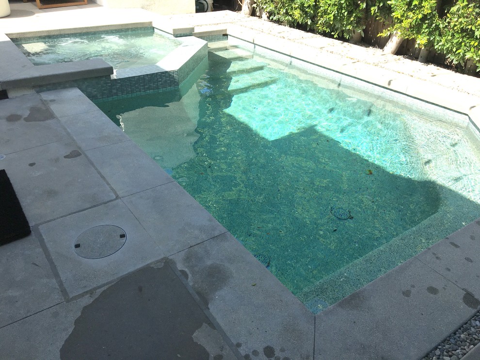 Photo of a small eclectic backyard rectangular pool in Los Angeles with concrete slab.