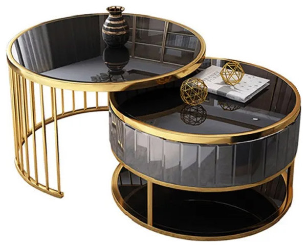 Modern Round Nesting Coffee Table With Shelf Tempered Glass Top 2 Piece ...