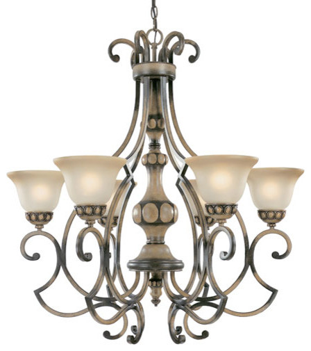 Westchester Honey Rubbed Walnut Six-Light Chandelier with Glass Shades