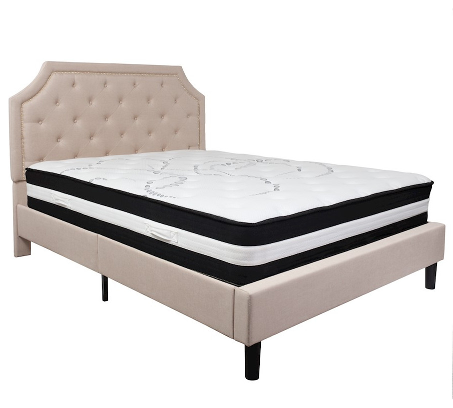 Flash Brighton Queen Tufted Platform Bed, Beige/Pocket Spring Mattress