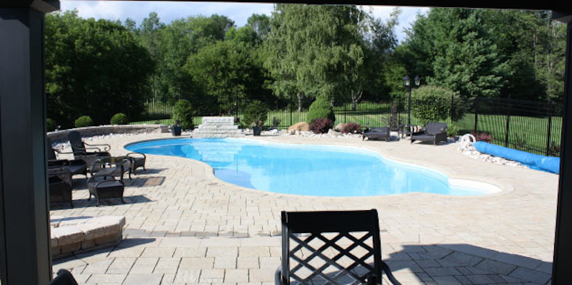 Pool - mid-sized backyard concrete paver and freeform pool idea