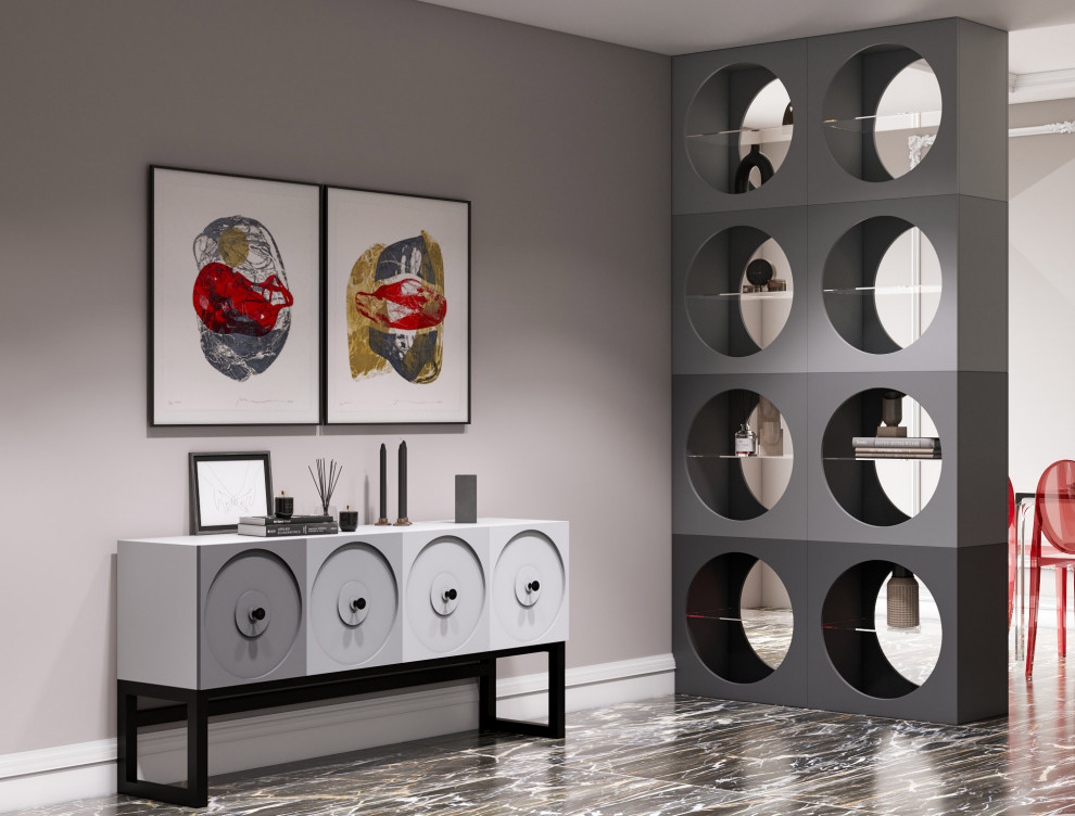 Мебель в сером цвете: стеллаж и тумба