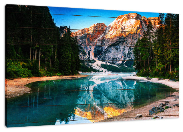 Faux Wood Misty Lake and Snow-cap Mountain Reflections Canvas Prints, 24" X 36"