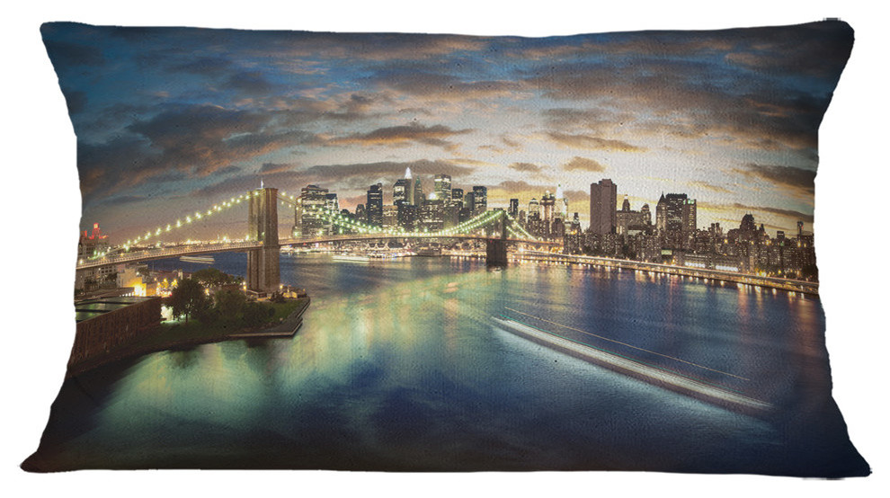 New York Under Cloudy Skies Cityscape Photo Throw Pillow, 12"x20"