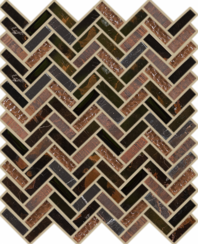 12"x12" Herringbone Imagination Mosaic, Set Of 4, Iron Ore