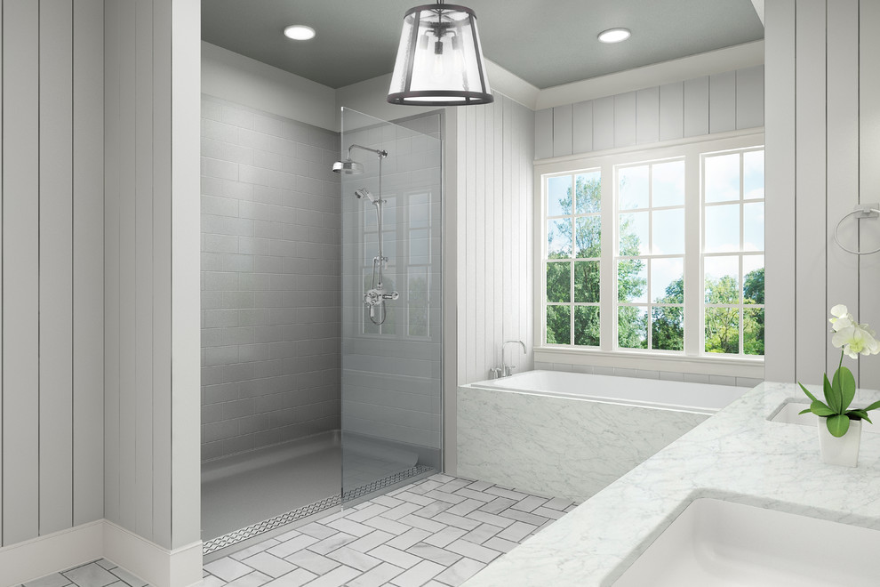 Design ideas for a bathroom with an open shower and a curbless shower.