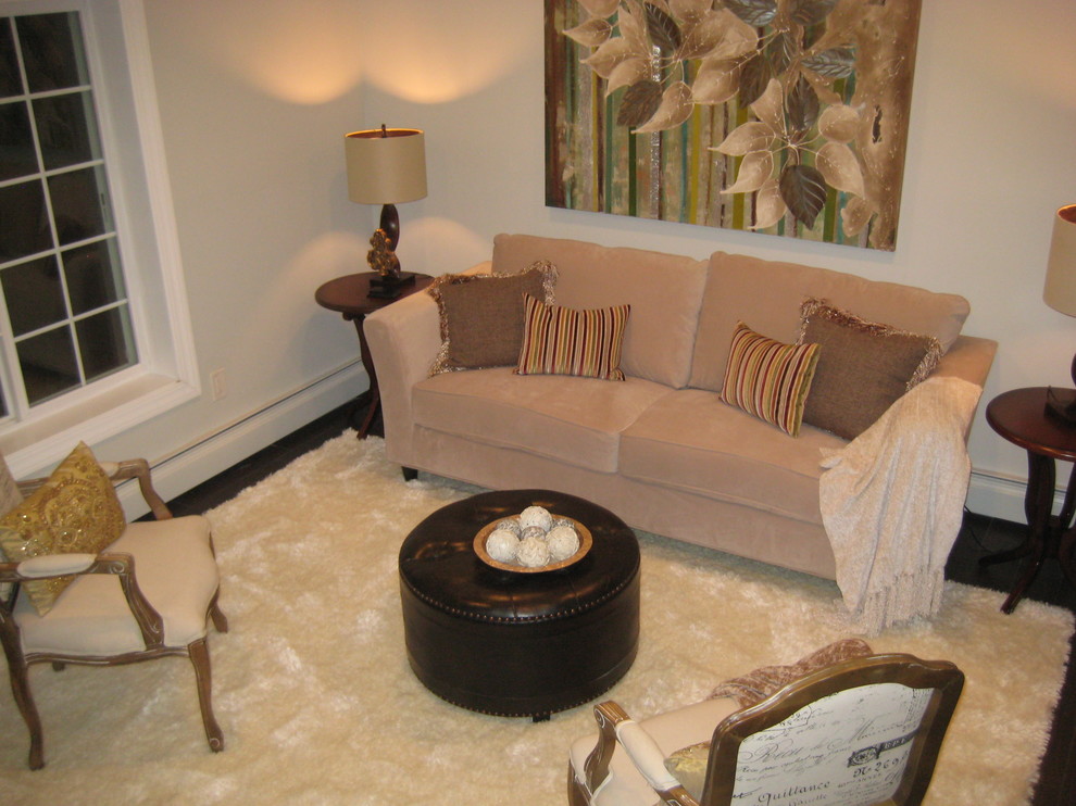 Photo of a small transitional formal open concept living room in New York with ceramic floors.