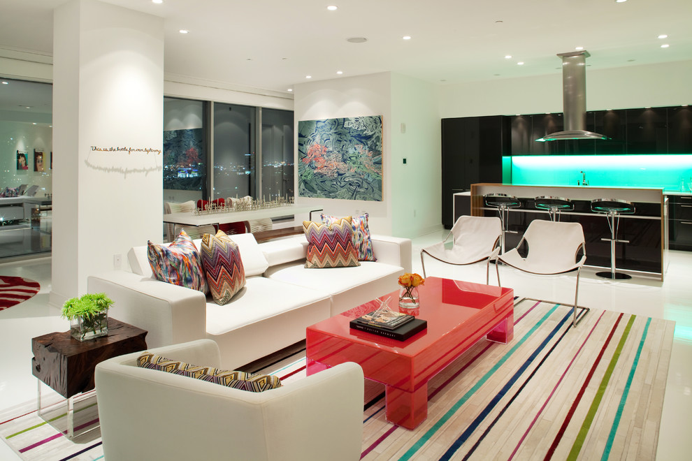 Design ideas for a contemporary open concept living room in Houston with white walls.