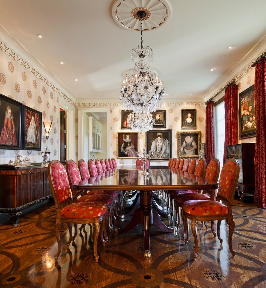 Inspiration for a traditional separate dining room in Philadelphia with multi-coloured walls and painted wood floors.