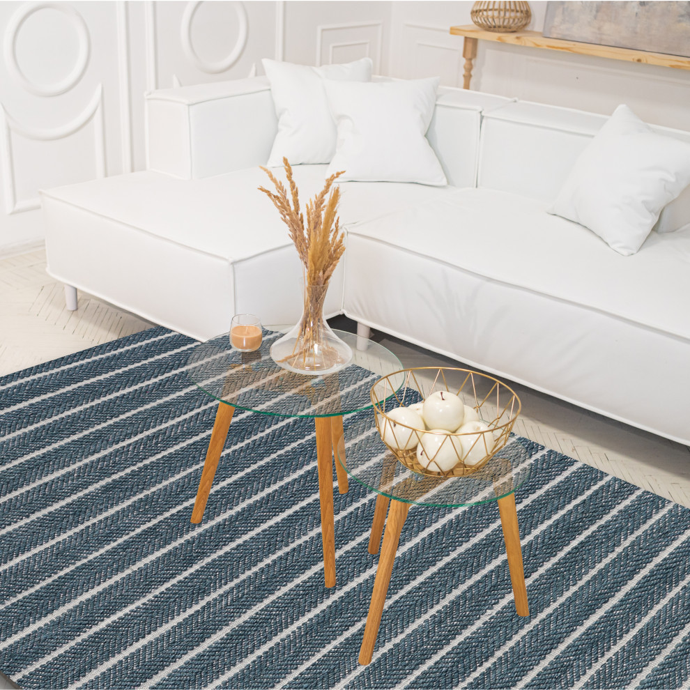 Hand Woven Blue & White Directional Striped Wool Rug by Tufty Home, Turquoise / Beige, 2x3