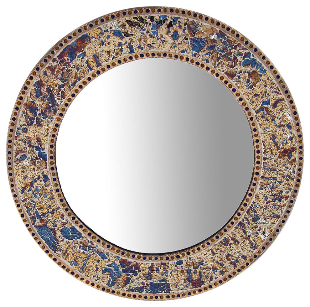 24" Decorative Round Glass Mosaic Wall Mirror, Fired Gold