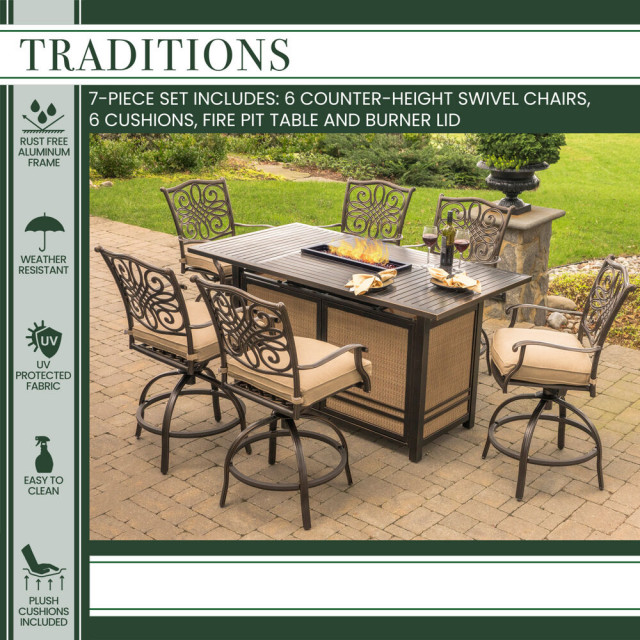 Traditions 7 Piece High Dining Set With 30 000 Btu Fire Pit Table Mediterranean Outdoor Sets By Almo Fulfillment Services Houzz - Bar Height Patio Set With Fire Pit