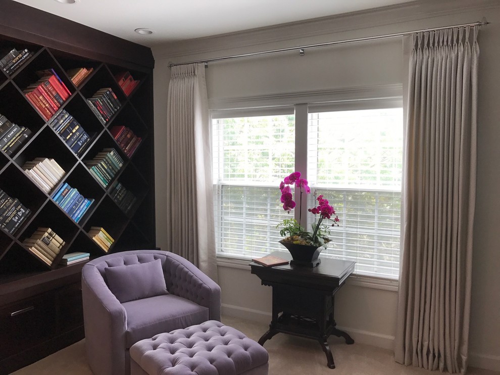 Example of a mid-sized transitional carpeted and beige floor home office library design in Sacramento with beige walls and no fireplace