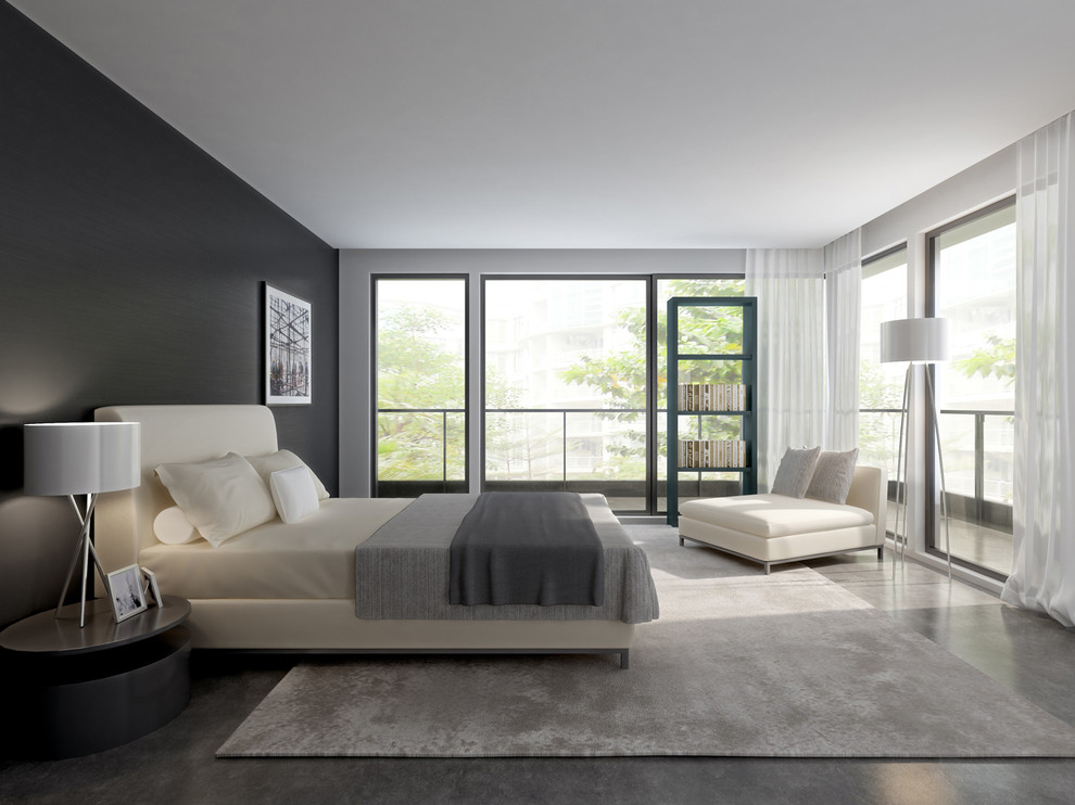 Inspiration for a contemporary bedroom in Montreal with grey walls.