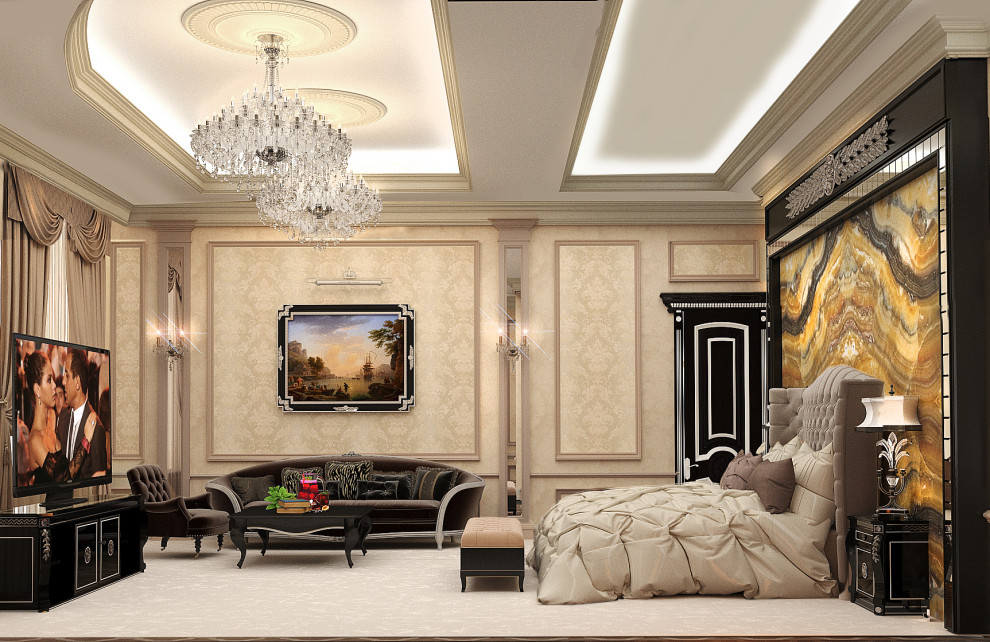 Großes Klassisches Hauptschlafzimmer mit beiger Wandfarbe, Teppichboden, Tunnelkamin, Kaminumrandung aus Stein, beigem Boden, Kassettendecke und Tapetenwänden in Moskau