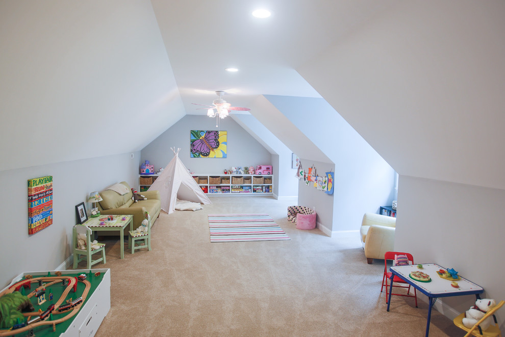 Large arts and crafts kids' playroom in Other with grey walls and carpet for kids 4-10 years old and girls.
