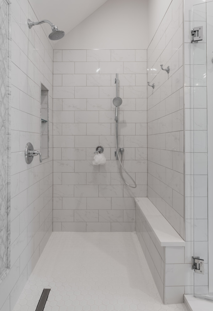 Design ideas for a mid-sized traditional master bathroom in Chicago with furniture-like cabinets, white cabinets, a claw-foot tub, a double shower, a two-piece toilet, white tile, porcelain tile, grey walls, porcelain floors, an undermount sink, solid surface benchtops, white floor, a hinged shower door, white benchtops, a shower seat, a double vanity, a built-in vanity and recessed.