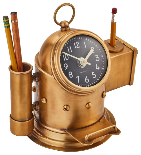 Vintage Style Brass Clock Desk Set Pen Phone Holder Gold Accessory