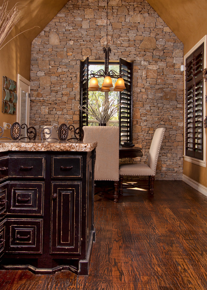 Mid-sized transitional dark wood floor and brown floor kitchen/dining room combo photo with brown walls