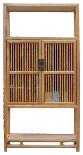 Chinese Light Natural Raw Wood Shutter Doors Bookcase Display Chinese Light Natural Raw Wood Shutter Doors Bookcase Display Cabinet