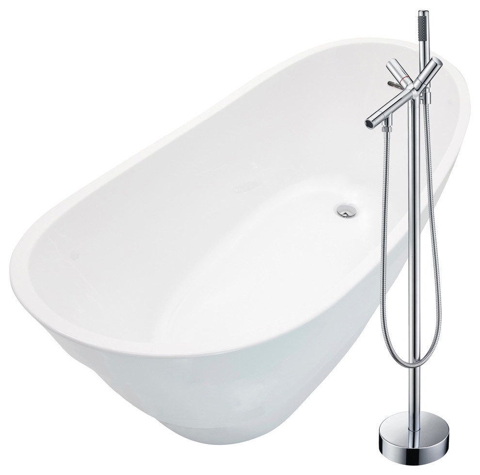 Anzzi 67 White Acrylic Soaking Bathtub With Polished Chrome