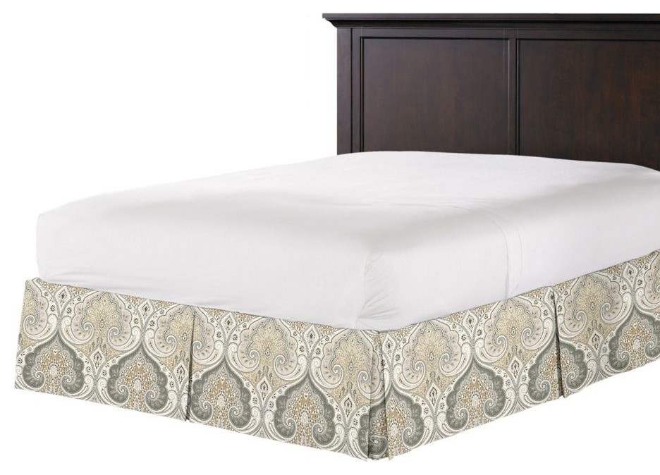 Gray and Tan Paisley Damask Bed Skirt, Pleated Traditional
