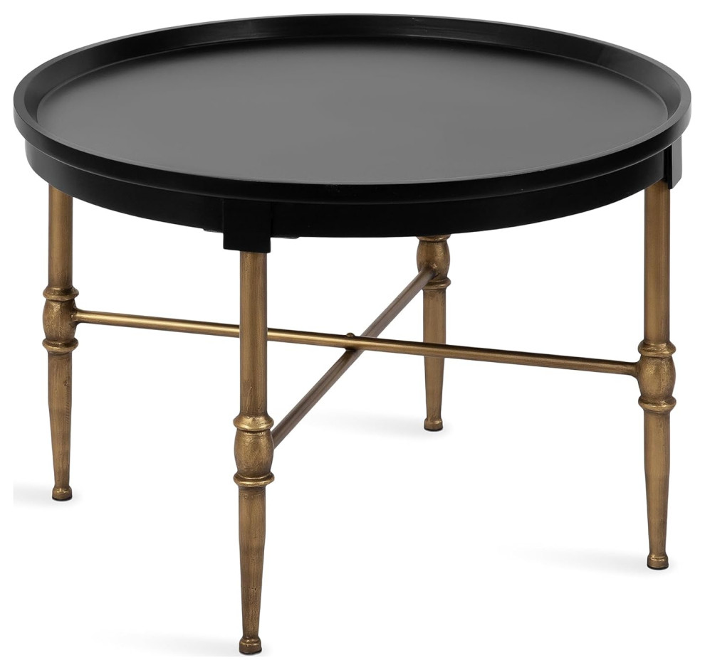 Transitional Coffee Table, Unique Crossed Golden Base & Raised Edge Top