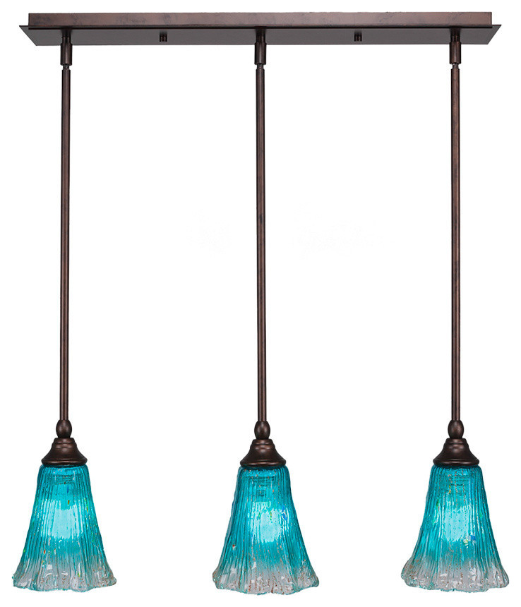 Stem 3-Light Pendalier with Hang Straight Swivel, Bronze/Teal Crystal