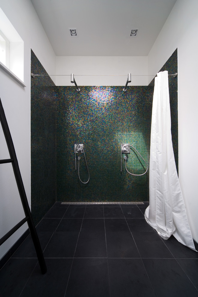 Inspiration for a large contemporary master bathroom in Copenhagen with a double shower, multi-coloured tile, mosaic tile, white walls and a shower curtain.